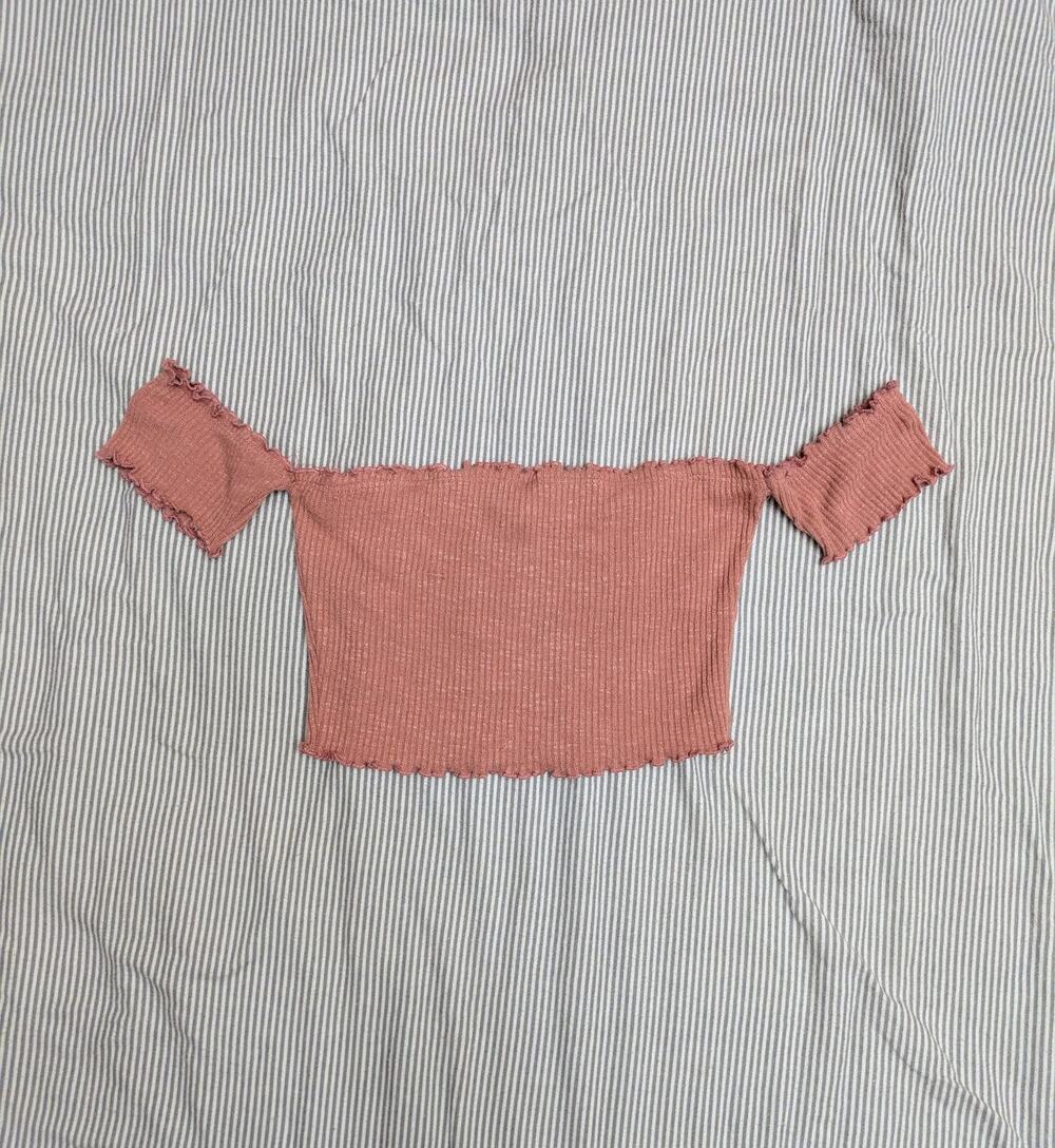 Fashion Nova - Mauve Heather Ribbed Off Shoulder Lettuce Edge Crop Top - Sz S
